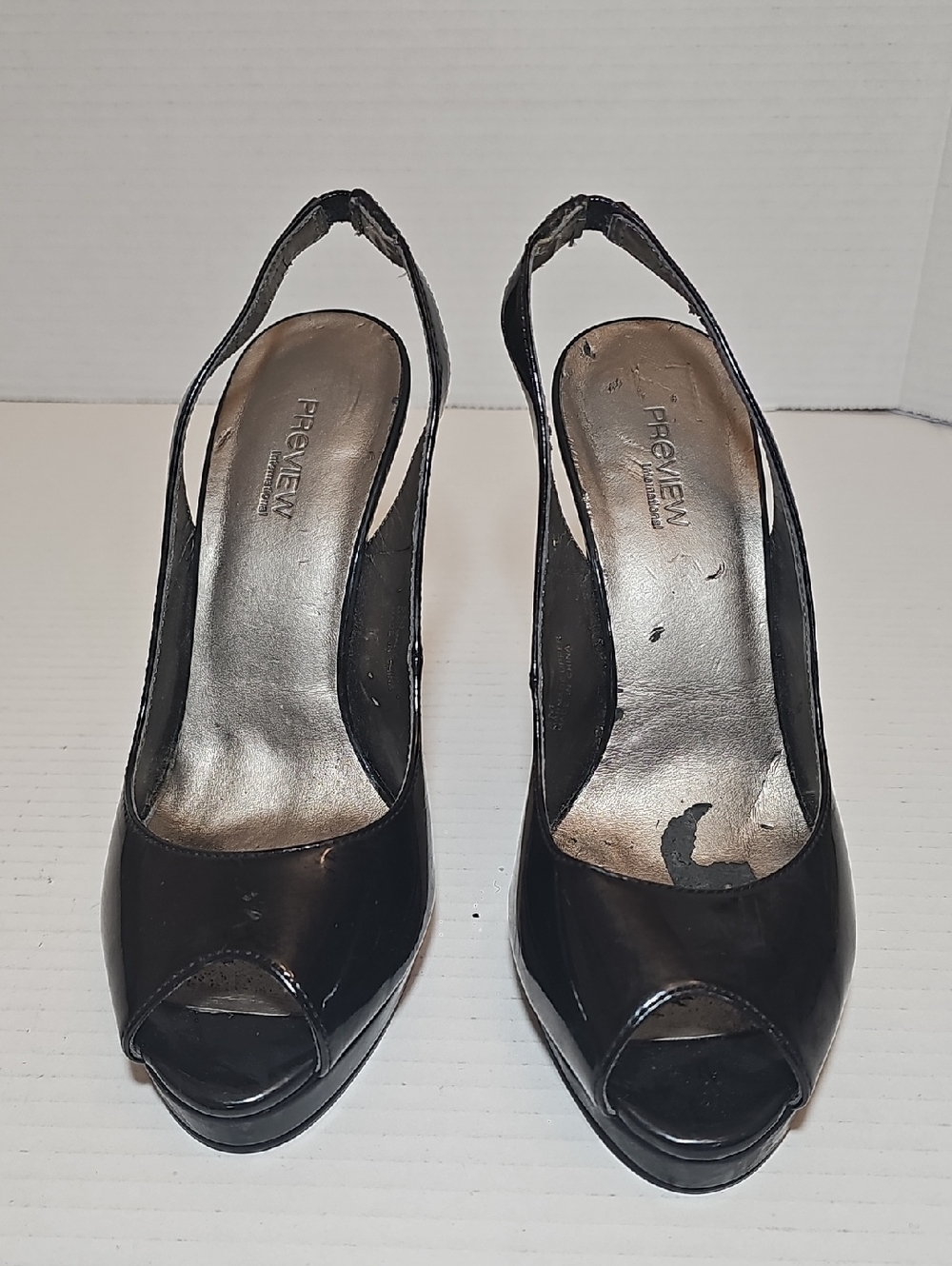 Preview International Black Patent Peep-Toe Slingback Heels